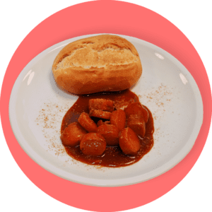 Sausage in curry sauce with bread
